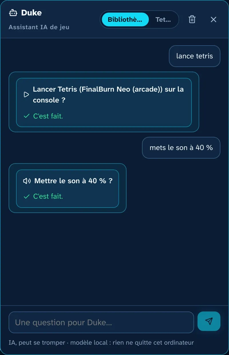 Duke reçoit « lance tetris » et propose « Lancer Tetris sur la console ? », puis « C'est fait. » ; il reçoit « mets le son à 40 % » et propose « Mettre le son à 40 % ? », puis « C'est fait. »