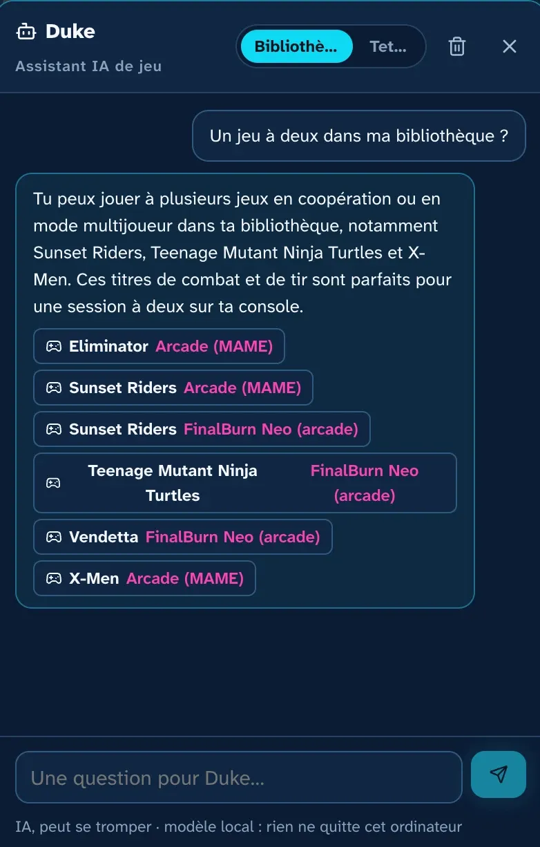 Duke, l'assistant de ROMKADE Manager, répond à « Un jeu à deux dans ma bibliothèque ? » en citant Sunset Riders, Teenage Mutant Ninja Turtles, Vendetta et X-Men, avec un lien vers chaque jeu.