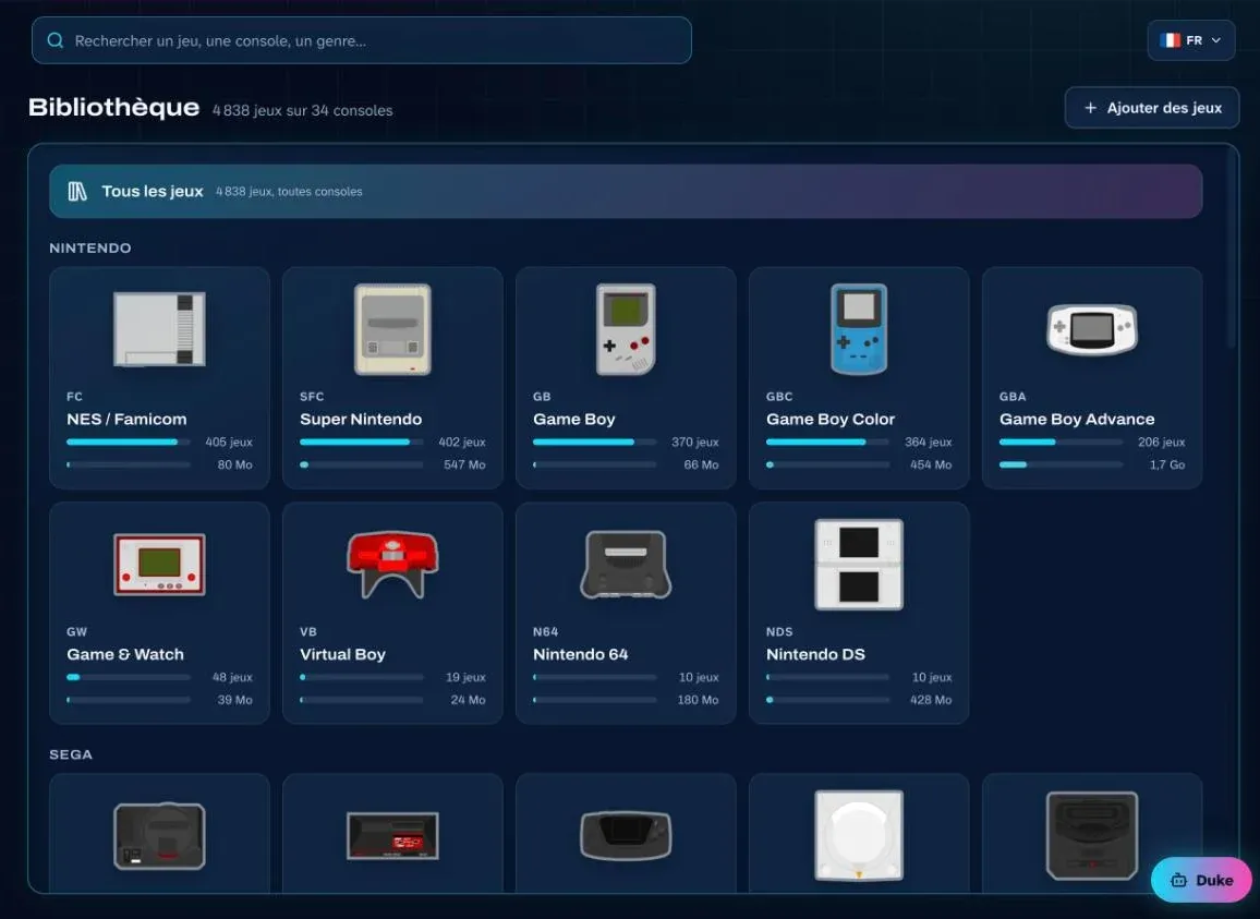 Bibliothèque de ROMKADE Manager : 4 838 jeux sur 34 consoles, rangés par fabricant (NES, Super Nintendo, Game Boy, Game Boy Advance, Nintendo 64…), avec le nombre de jeux et la place occupée.