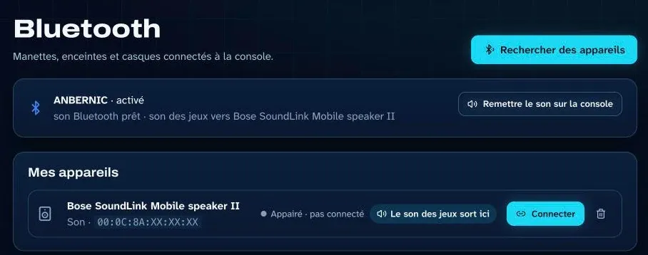Page Bluetooth de ROMKADE Manager : l'enceinte Bose SoundLink appairée à la console, le son des jeux qui sort sur l'enceinte, et le bouton « Remettre le son sur la console ».
